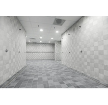Ruime, betegelde doucheruimte met diverse wanddouches, handgrepen en afvoergoten, in een modern en functioneel ontwerp.