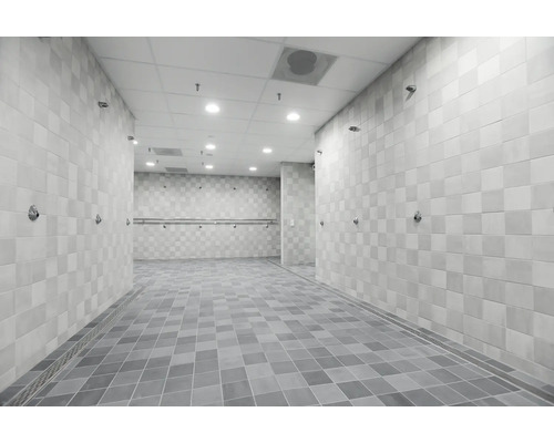 Ruime, betegelde doucheruimte met diverse wanddouches, handgrepen en afvoergoten, in een modern en functioneel ontwerp.