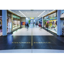 Interieur van de Johannis Passage met winkelpuien en mensen in een modern winkelcentrum.