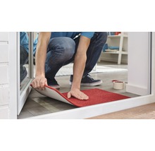 Man legt een rood tapijt in de kamer.