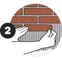 Illustratie toont de bevestiging van bakstenen aan een muur met nummer twee.