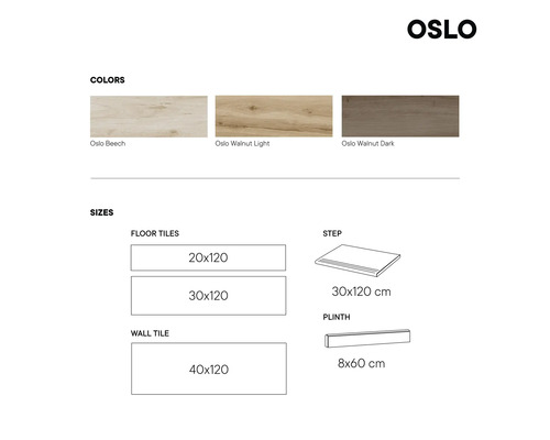 "Oslo tegels kleuren en afmetingen: beuken, licht walnoot, donker walnoot