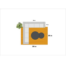 Illustratie van een woonkamer met hoekbank, salontafels en kamerplant met maatvoering