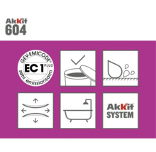 Akkit 604 productinformatie met GEV Emicode EC 1 Plus keurmerk, geschikt voor vochtige omgevingen en toont rekbaarheid