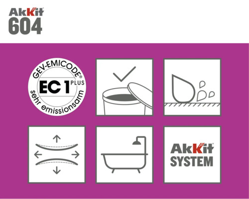 Akkit 604 productinformatie met GEV Emicode EC 1 Plus keurmerk, geschikt voor vochtige omgevingen en toont rekbaarheid