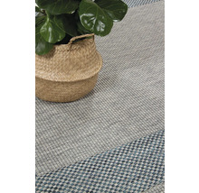 Interieurscène met een gestructureerd vloerkleed en een kamerplant in een mand.