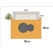 Plattegrond van een terras met tuinmeubelen en afmetingen