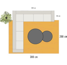 Bovenaanzicht van een tuininrichting met loungeset, twee ronde tafels en plant met maatindicaties