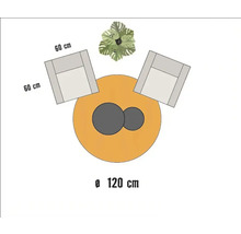 Plattegrond met een tafel met een diameter van 120 cm en twee stoelen van 60 cm breed