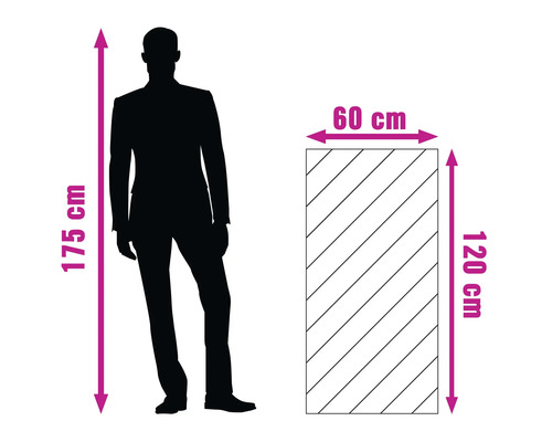 Illustratie van de productafmetingen: hoogte 175 cm, breedte 60 cm, lengte 120 cm
