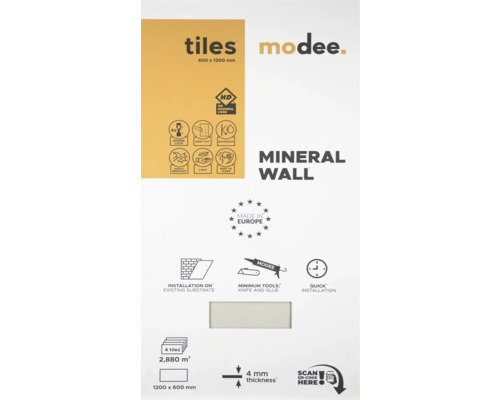 Modee minerale wandpanelen, 1200 bij 600 millimeter, dikte 4 millimeter, minerale kern, waterbestendig, slagvast, geproduceerd in Europa.