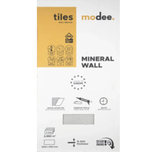 Modee Mineral Wall wandtegels, 600 bij 1200 millimeter, 4 millimeter dik. Symbolen voor waterbestendigheid, eenvoudige reiniging en montage.