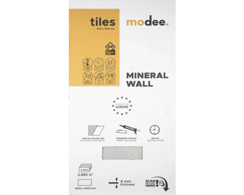 Modee Mineral Wall wandtegels, 600 bij 1200 millimeter, 4 millimeter dik. Symbolen voor waterbestendigheid, eenvoudige reiniging en montage.