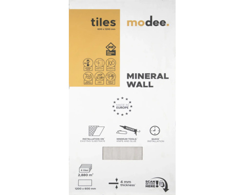 modee Logo. Mineral Wall wandpanelen, 1200 bij 600 millimeter, 4 millimeter dik. Kenmerken: watervast, slagvast, gemaakt in Europa.
