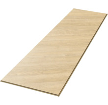 Enkele vloerplank in lichte eikenlook met zichtbare houtnerf en klikverbinding.