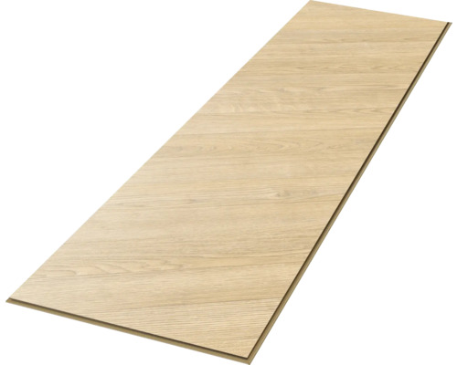 Enkele vloerplank in lichte eikenlook met zichtbare houtnerf en klikverbinding.