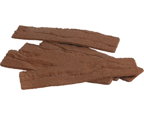 Gestructureerde bruine steenstrips met een zanderig oppervlak voor wanddecoratie.