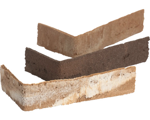 Drie L-vormige hoekstrips met gestructureerd oppervlak in verschillende kleurtinten.