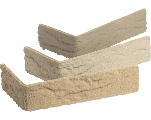 Beige hoekstrips in L-vorm met gestructureerde natuursteenlook.
