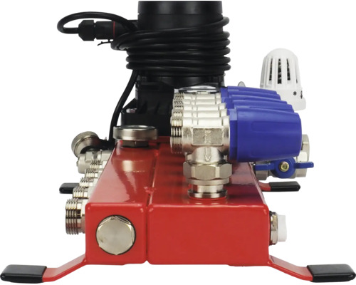 Regelunit voor vloerverwarming met circulatiepomp, rode verdeler, blauwe ventielen en thermostaatknop.