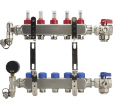 RVS vloerverwarming verdeler met vijf groepen, debietmeters, ventielen en manometer.