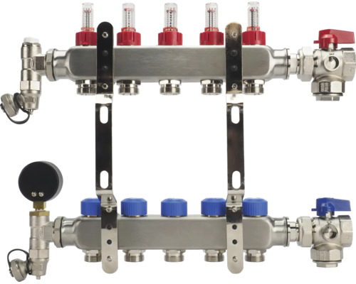 Roestvrijstalen verdeler voor vloerverwarming met debietmeters, afsluiters, manometer en kogelkranen.