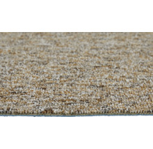 Detailopname van een gemêleerd lussenpooltapijt in verschillende beige- en bruintinten.