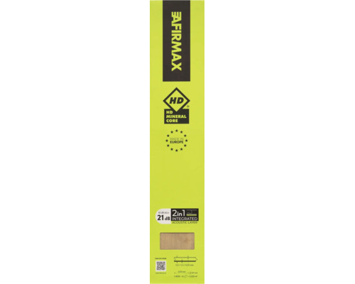Afirmax Logo, HD Mineral Core, Geproduceerd in Europa, geluidsisolatie 21 decibel, afmetingen 1220 bij 229 bij 5,3 millimeter.