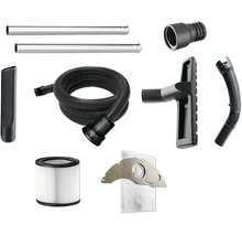 Stofzuiger accessoireset inclusief zuigslang, twee metalen zuigbuizen, vloermondstuk, plintenzuiger, rondfilter, stofzuigerzak en adapters.
