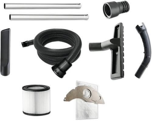 Stofzuiger accessoireset inclusief zuigslang, twee metalen zuigbuizen, vloermondstuk, plintenzuiger, rondfilter, stofzuigerzak en adapters.