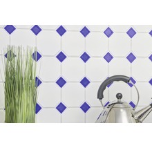 Decoratieve wandtegels met blauw ruitpatroon, roestvrijstalen fluitketel en kunstplant