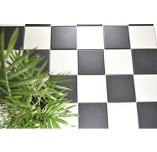 Schaakbordpatroon met vloertegels en een groene plant