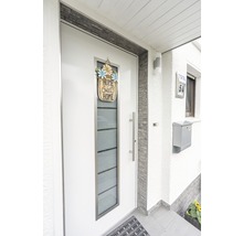 Entree van een huis met voordeur, huisnummer en brievenbus