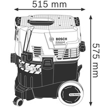 Bosch industriële stofzuiger met afmetingen van 515 mm breed en 575 mm hoog.