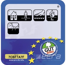 Symbool voor gebruik binnenshuis, gebruiksklasse 21, geschikt voor vloerverwarming, brandgedrag Efl en GUT-keurmerk
