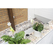 Decoratieve steentegels verfraaien een buitenruimte met planten en decoraties.