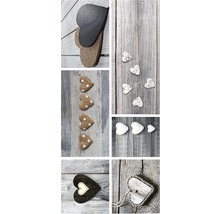 Collage van verschillende decoratieve harten op een houten achtergrond