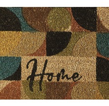 Kokosvezel deurmat met geometrisch patroon en de tekst Home