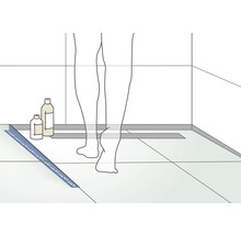 Illustratie van een douche met douchegoot, tegels en douchegel