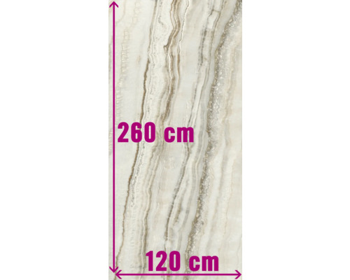 Keramische tegel met afmetingen van 260 bij 120 centimeter.