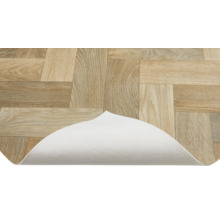 Vinyl vloerbedekking met houtlook en omgeslagen hoek om de achterkant te laten zien