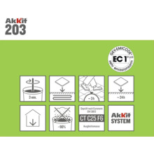 Akkit 203 productinformatie met verwerkingsinstructies en keurmerken