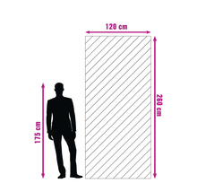 Illustratie van een paneel met afmetingen van 120 bij 260 centimeter naast een persoon van 175 centimeter.