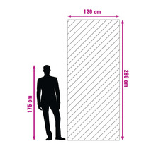 Afbeelding van een deur met de afmetingen 120 bij 280 centimeter en een persoon van 175 centimeter ernaast.