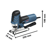 Bosch decoupeerzaag met afmetingen van 334 mm lengte, 79 mm breedte en 190 mm hoogte.