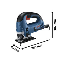 Bosch decoupeerzaag met afmetingen: 187 mm hoogte, 80 mm breedte en 253 mm lengte