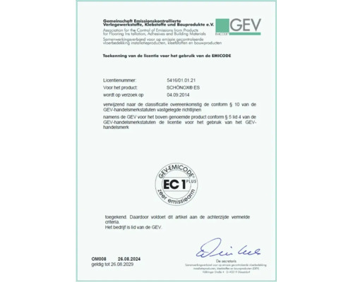 GEV Emicode licentiecertificaat voor het product Schönox ES met emissieklasse EC 1 Plus voor emissiearme bouwproducten.