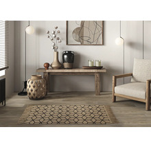 Woonkamer met vloerkleed, fauteuil, tafel en decoraties.