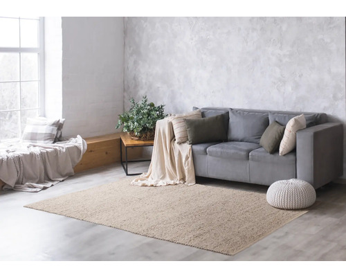 Woonkamer met vloerkleed, bank, kussens en bijzettafel in licht ontwerp
