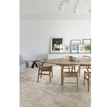 Lichte kamer met vloerbedekking, eettafel en stoelen.